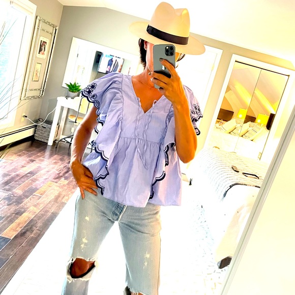 kate spade Tops - Kate Spade blue ruffle floral embroidered shirt size XS